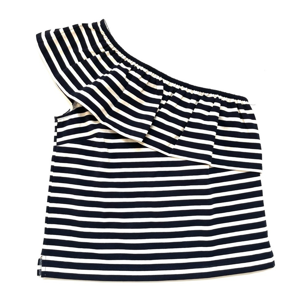 J. Crew ruffled one shoulder top in navy blue and white stripe NWT - Picture 2 of 9